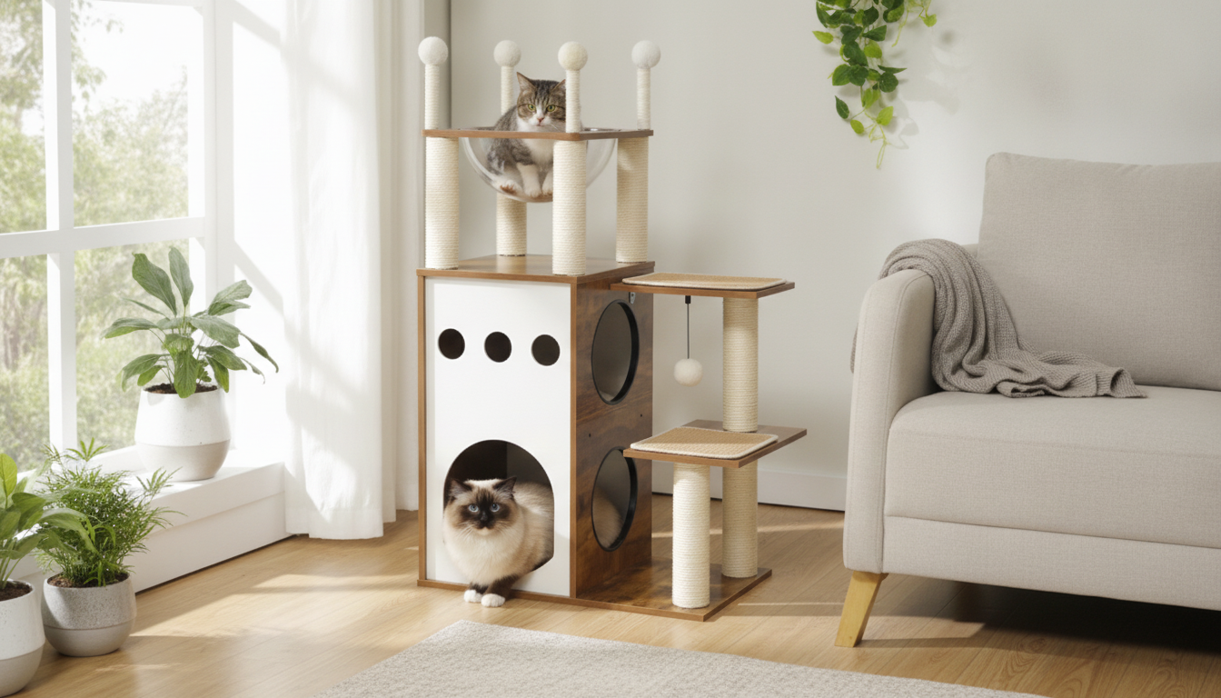 Modern Wooden Cat Tree Tower: Condo, Nest & Scratchers