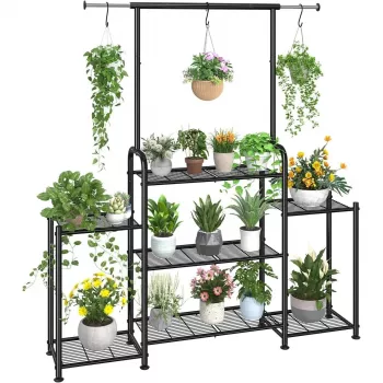 3-Tier Metal Plant Stand: Shelves + Expandable Hanging Rod